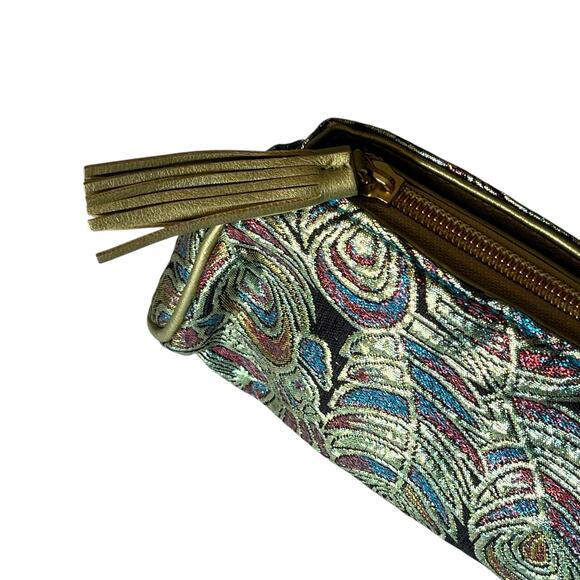 Stephanie Johnson Travel Cosmetic Bag Gold Metallic Peacock Makeup Zip Clutch - Picture 6 of 9